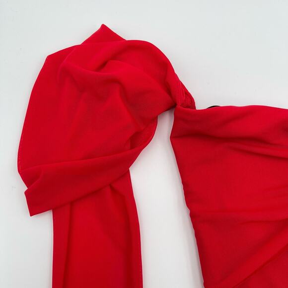 Majorelle | Elise Cherry Red Mesh Ruched Off Shoulder Midi Dress S - Picture 9 of 16